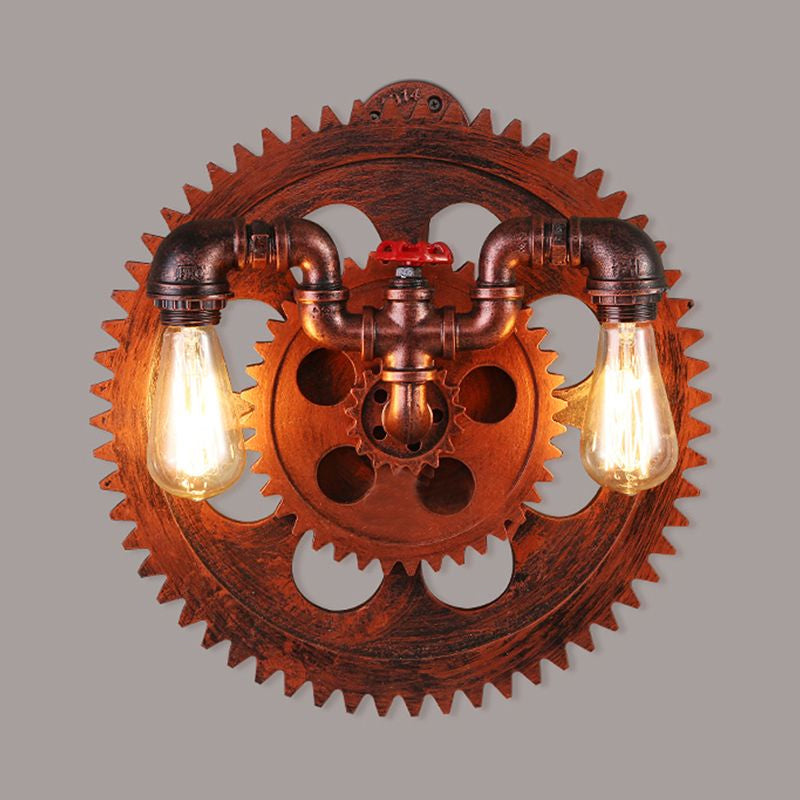 Vintage Style 2-Light Farmhouse Wall Sconce With Iron Exposed Bulbs Copper Finish And Gear