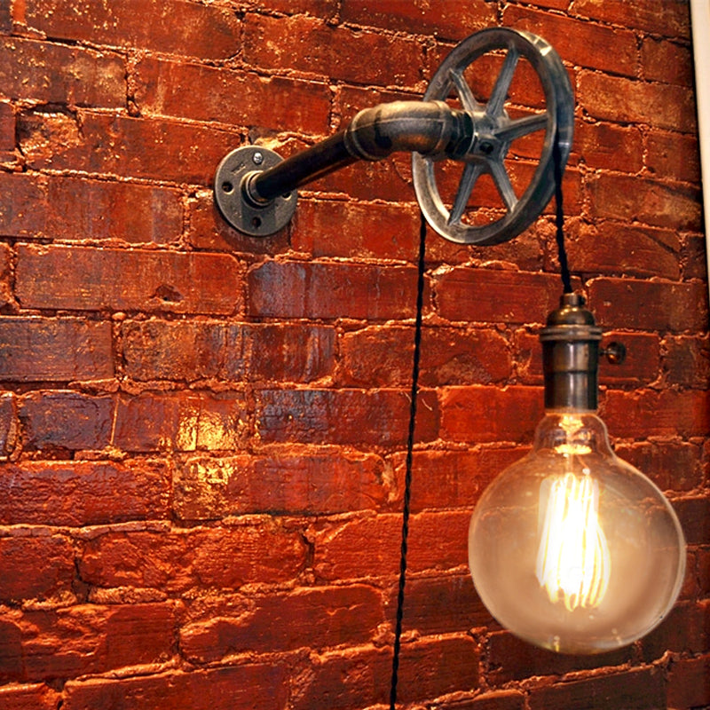 Rustic Vintage Style Pulley Wall Light With Bare Bulb - 1 Iron Sconce For Farmhouse Décor
