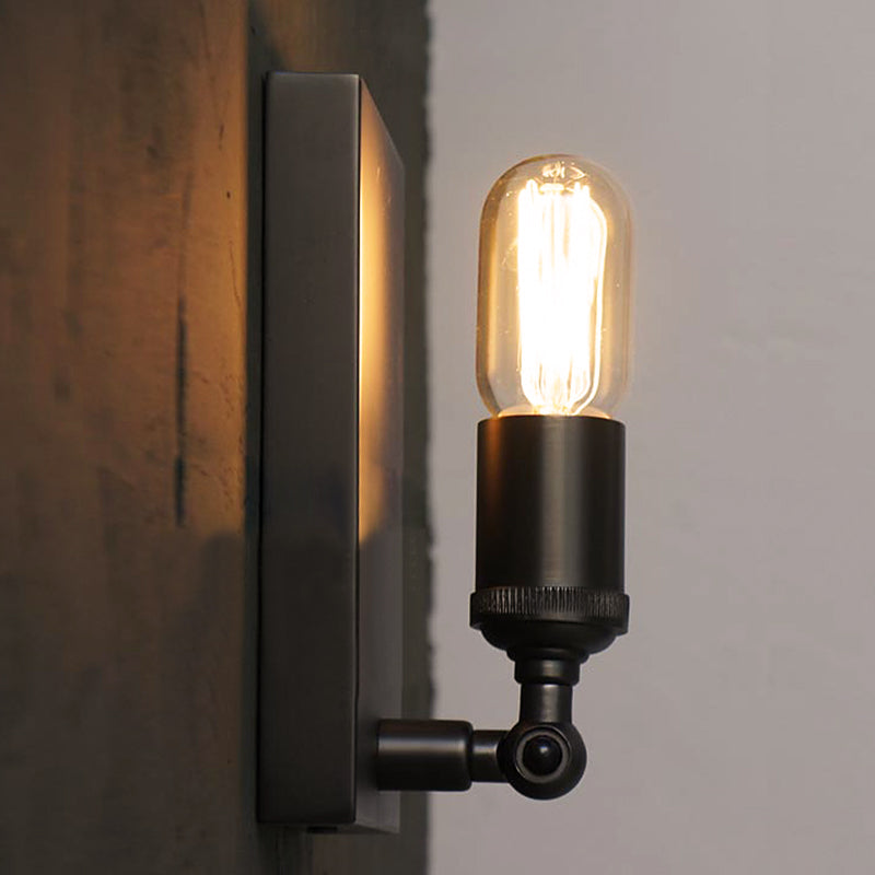 Industrial Black Wall Lamp With Exposed Bulb For Dining Room - Rectangular Backplate 1 Light