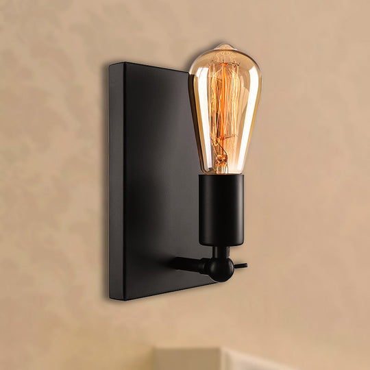 Industrial Black Wall Lamp With Exposed Bulb For Dining Room - Rectangular Backplate 1 Light