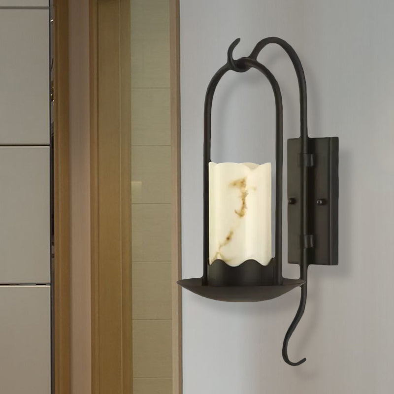 Industrial Black Marble Cylinder Wall Light: Single Bulb Living Room Sconce Lamp