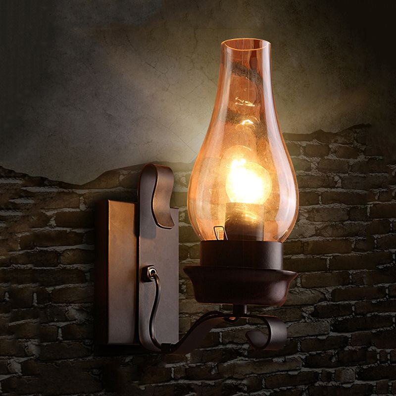 Rustic Amber Glass Wall Sconce With Vase Shade - One Bulb Lighting Fixture For Living Room