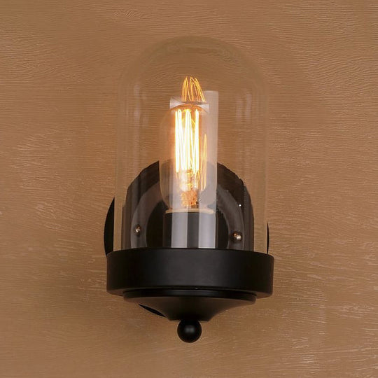 Industrial Black Clear Glass Capsule Wall Light Fixture For Porch - 1/2 Bulb Mount
