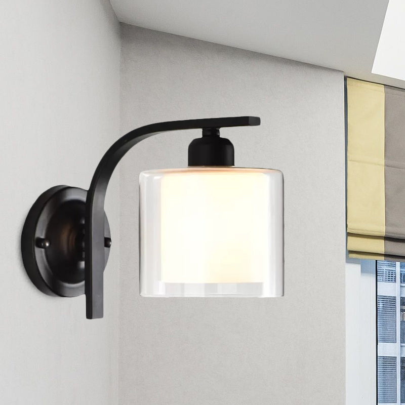 Industrial Clear Glass Wall Mounted Lamp Single Bulb Sconce Light With Curved Arm In Black - Bedroom