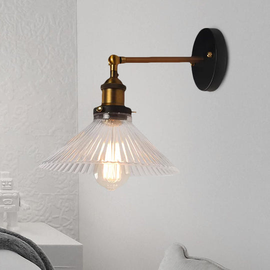 Brass Cone Wall Sconce With Clear Ribbed Glass - Industrial Living Room Lighting Fixture For Dining