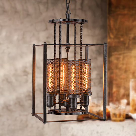 Black Metal Pendant Light With Inner Cylindrical Shade - Antique Style 4 Lights Indoor Chandelier