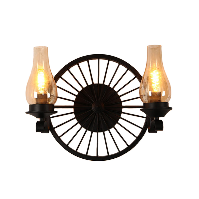Rustic Outdoor Wall Sconce Lighting Fixture: Clear Glass Vase Shade 2-Bulb Design With Wheel