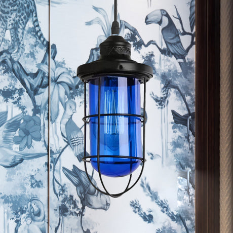 Vintage Black Single-Bulb Pendant Ceiling Light Fixture With Yellow/Green/Clear Glass Cage For