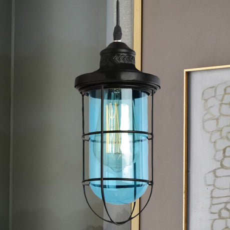 Vintage Black Single-Bulb Pendant Ceiling Light Fixture With Yellow/Green/Clear Glass Cage For