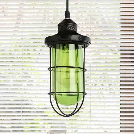 Vintage Black Single-Bulb Pendant Ceiling Light Fixture With Yellow/Green/Clear Glass Cage For