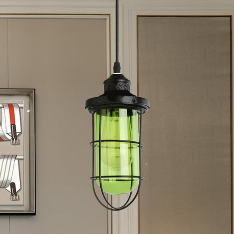 Vintage Black Single-Bulb Pendant Ceiling Light Fixture With Yellow/Green/Clear Glass Cage For