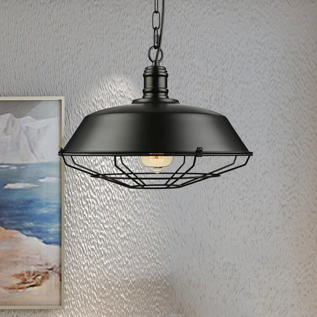 Industrial Wire Cage Pendant Light With Barn Shade - Black