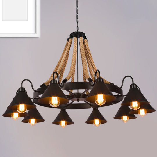 Farmhouse Metallic Cone Chandelier Lamp - 6/8 Lights Pendant Lighting with Rope Detail, Black