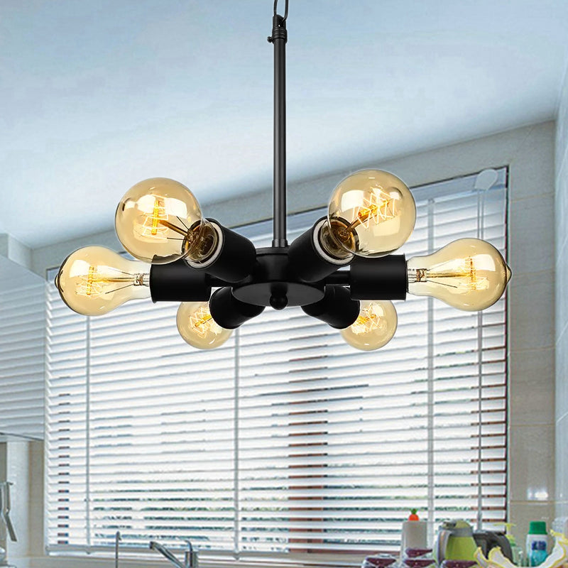 Adjustable Metallic Pendant Light with 6 Bulbs - Ideal for Study Room - Industrial Exposed Chandelier in Black