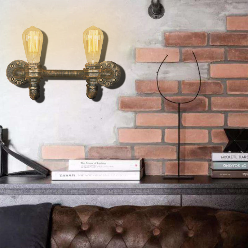 Industrial Aged Brass 2-Light Wall Sconce With Rustic Wrought Iron Design - Exposed Mount Antique