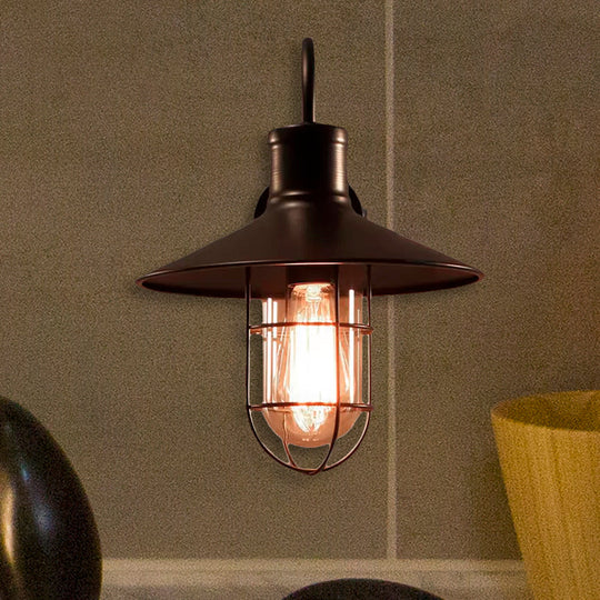 Industrial Clear Glass Wall Sconce With Cage - Cone Shaped Single Bulb Bedroom Lamp