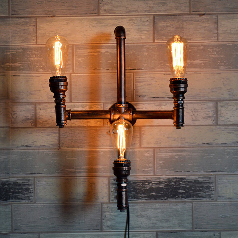 Rustic Vintage 3-Head Sconce Light: Bare Bulb Restaurant Wall Fixture With Plumbing Pipe Design Rust