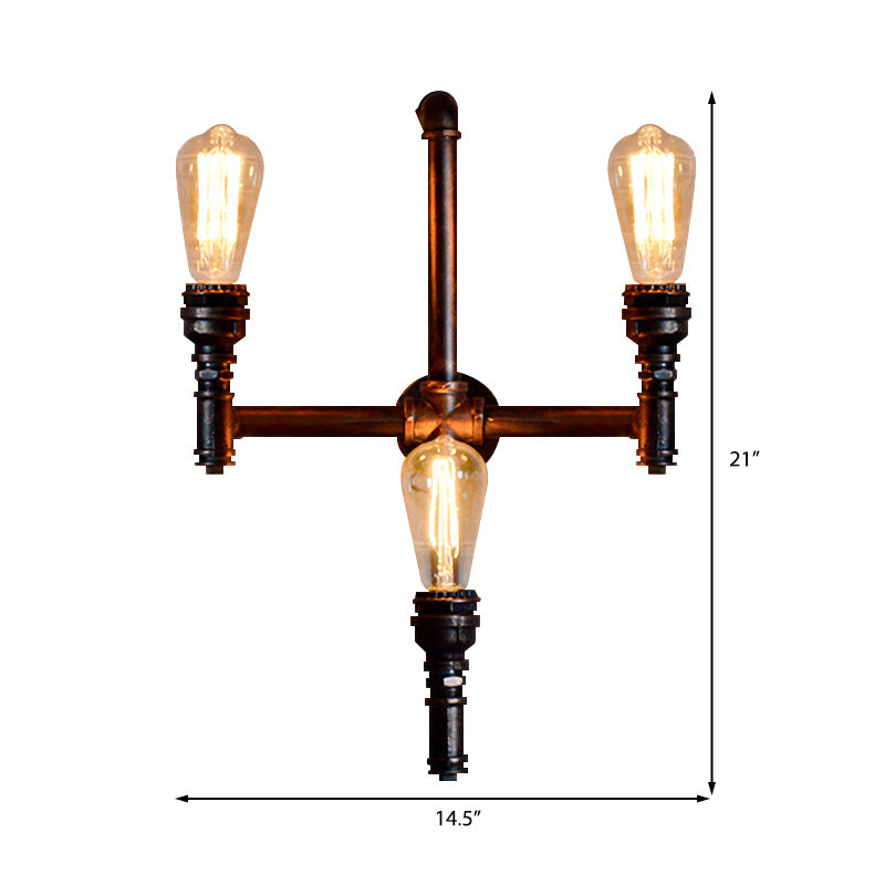Rustic Vintage 3-Head Sconce Light: Bare Bulb Restaurant Wall Fixture With Plumbing Pipe Design