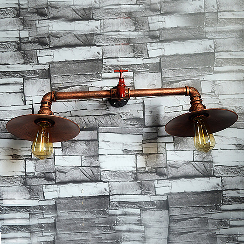 Industrial Dark Rust Metallic Sconce Wall Light With Water Tap - 2 Bulbs Flat Shade Perfect For