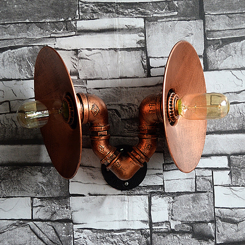 Rustic Dark Rust Round Sconce Lighting Wrought Iron 2-Bulb Bedroom Wall Mount Light With Pipe