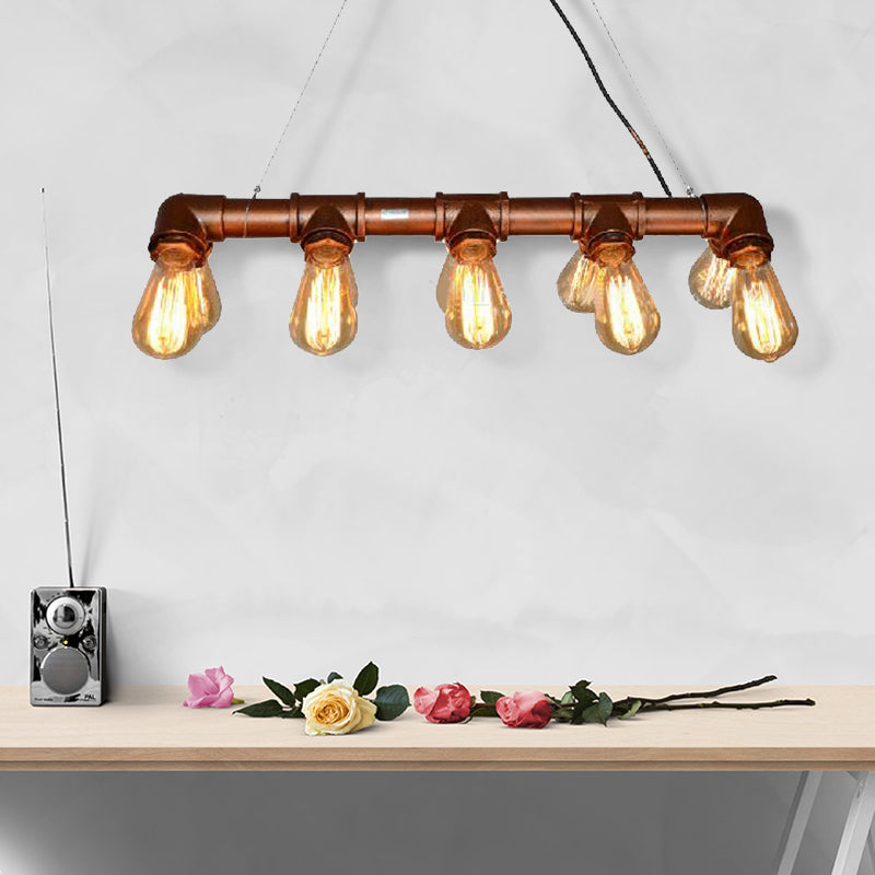 Rustic Metal Linear Island Lighting With 10 Open Bulb Lights For Living Room - Farmhouse Style Rust