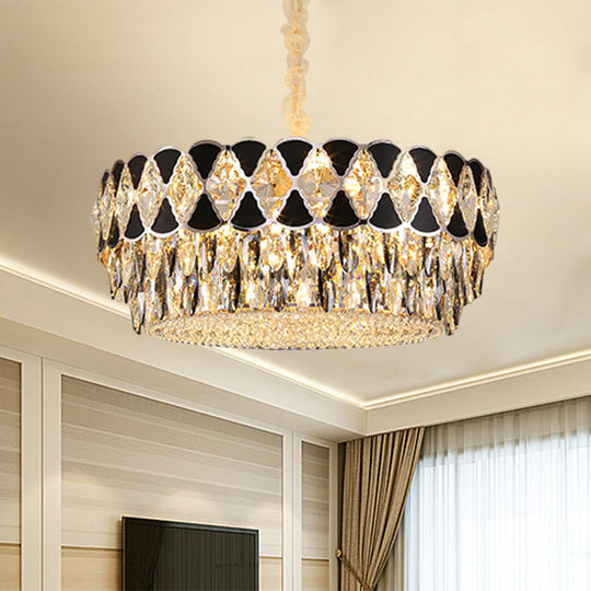 Modern Black Crystal Chandelier - Circular Living Room Pendant Light with 12 Heads