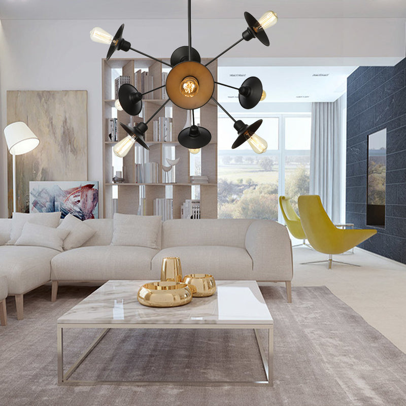 Modern Black Flare Shade Chandelier with Sputnik Design - 9/12/15 Light Fixture for Living Room Ceiling