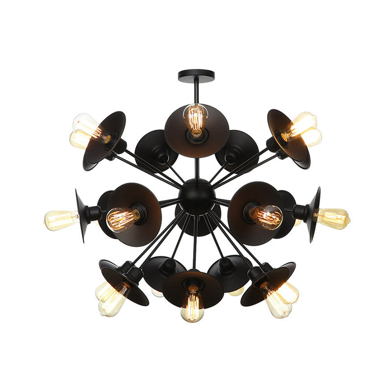 Sleek Black Flare Shade Chandelier - Factory Metal 9/12/15 Lights Elegant Ceiling Light With Sputnik