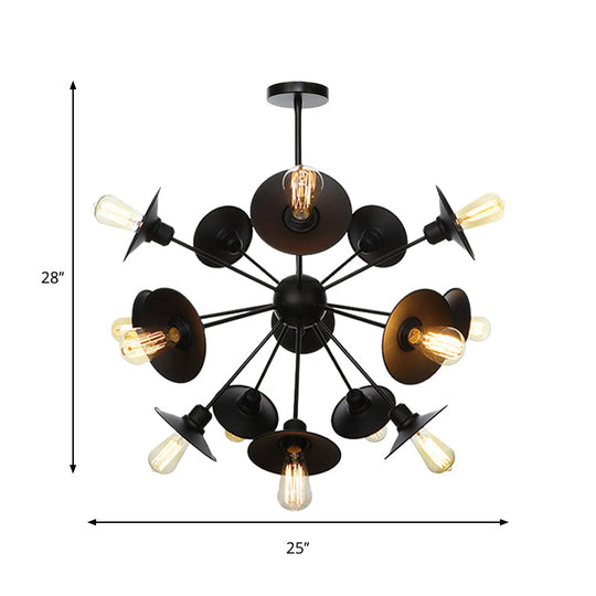 Sleek Black Flare Shade Chandelier - Factory Metal 9/12/15 Lights Elegant Ceiling Light With Sputnik