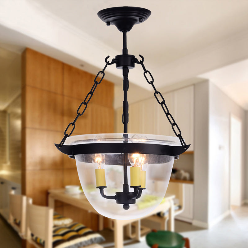 Industrial Clear Glass Chandelier Pendant Light - 3-Light Black Hanging Fixture for Dining Room with Domed Design and Chain