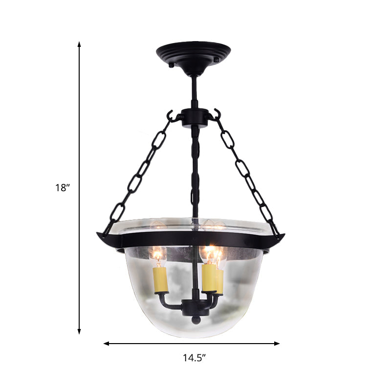 Industrial Clear Glass Chandelier Pendant Light - 3-Light Black Hanging Fixture for Dining Room with Domed Design and Chain