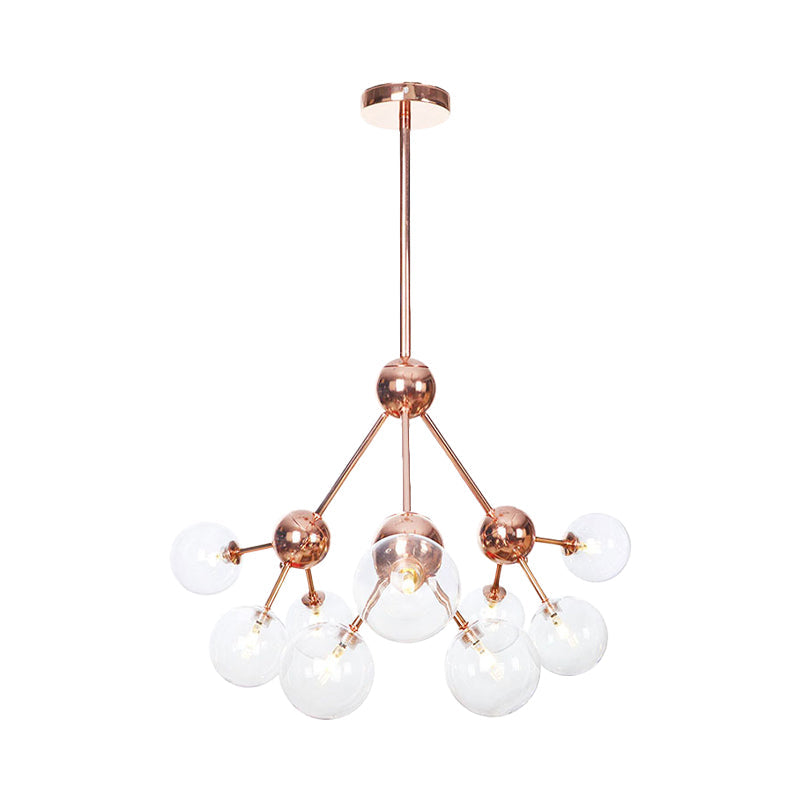Vintage Copper Chandelier with Clear/Amber Glass Orb Shades - 3/9/12 Lights, Branch Design - 13"/27.5"/34" W
