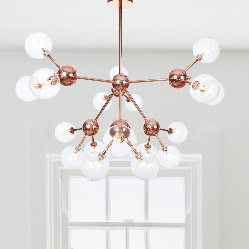Vintage Copper Chandelier with Clear/Amber Glass Orb Shades - 3/9/12 Lights, Branch Design - 13"/27.5"/34" W