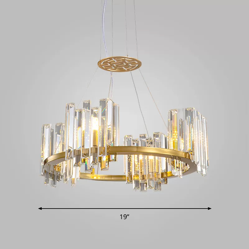 Modern Gold Crystal Annular Chandelier With Cubic Shade - 4/6 Bulbs Ceiling Lamp