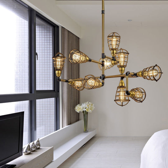 Vintage Loft Brushed Brass Metallic Pendant Lamp with Multi Light Caged Chandelier Design