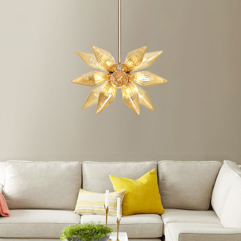 Diamond Clear/Amber Glass Chandelier - Industrial Kitchen Pendant Lighting Fixture (9/12/15 Heads) in Chrome/Gold