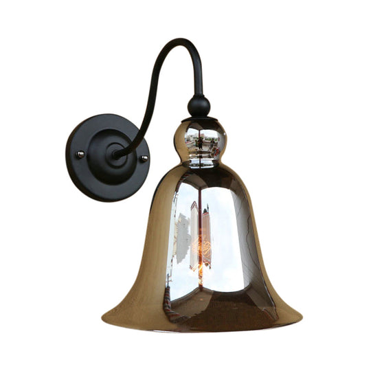Industrial Clear/Green/Smoked Glass Wall Sconce With Gooseneck Arm - 1-Light Black Bell Bedroom Lamp