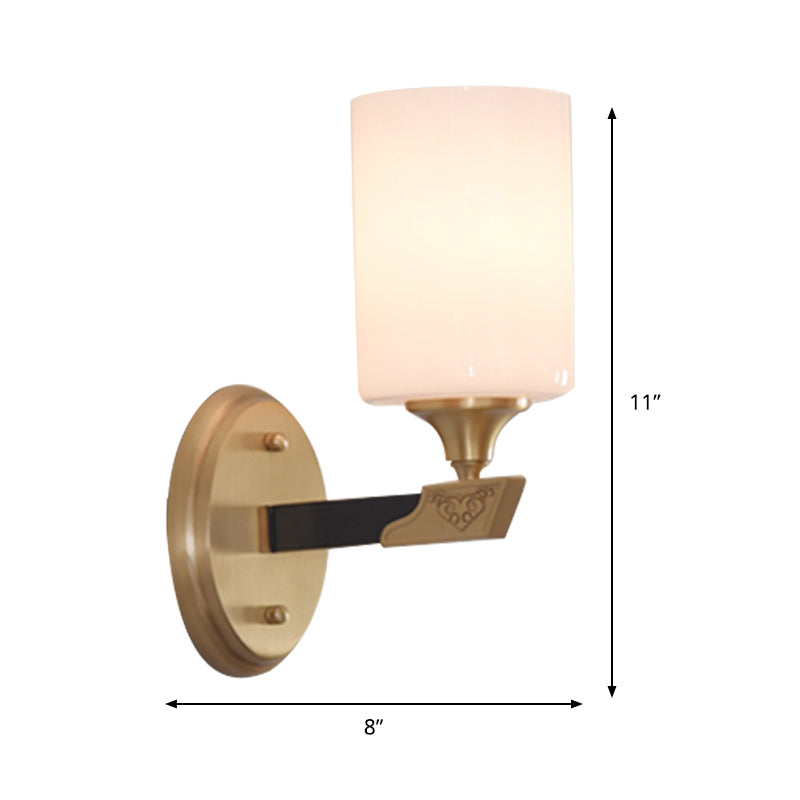 Cylindrical Wall Lamp With Traditional Black And Gold Design White Glass