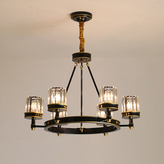 Modern Black Crystal Pendant Lamp - 6/8 Heads Chandelier With Clear Cylinder Shade