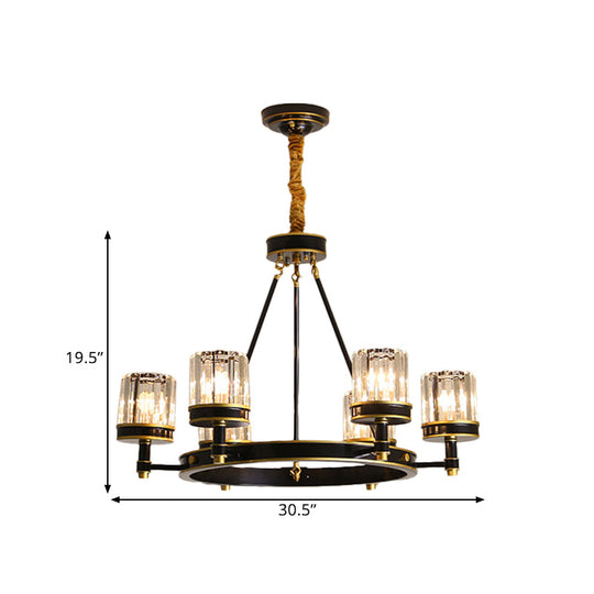 Modern Black Crystal Pendant Lighting Chandelier with Clear Cylinder Shade - 6/8 Heads for Great Rooms