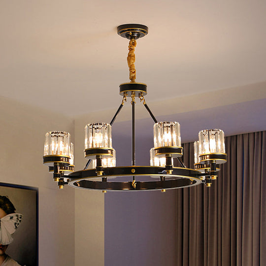 Modern Black Crystal Pendant Lamp - 6/8 Heads Chandelier With Clear Cylinder Shade