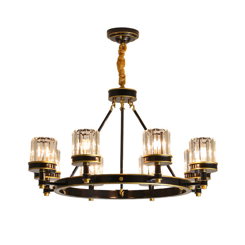 Modern Black Crystal Pendant Lighting Chandelier with Clear Cylinder Shade - 6/8 Heads for Great Rooms