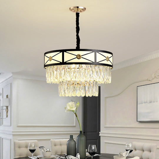 Contemporary Black Chandelier: 9 Heads, Clear Crystal, 3-Layer Round Suspension Light