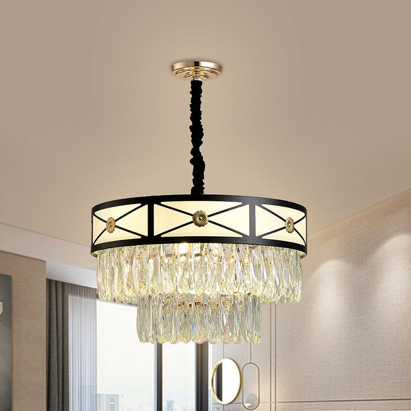 Contemporary Black Chandelier: 9 Heads, Clear Crystal, 3-Layer Round Suspension Light