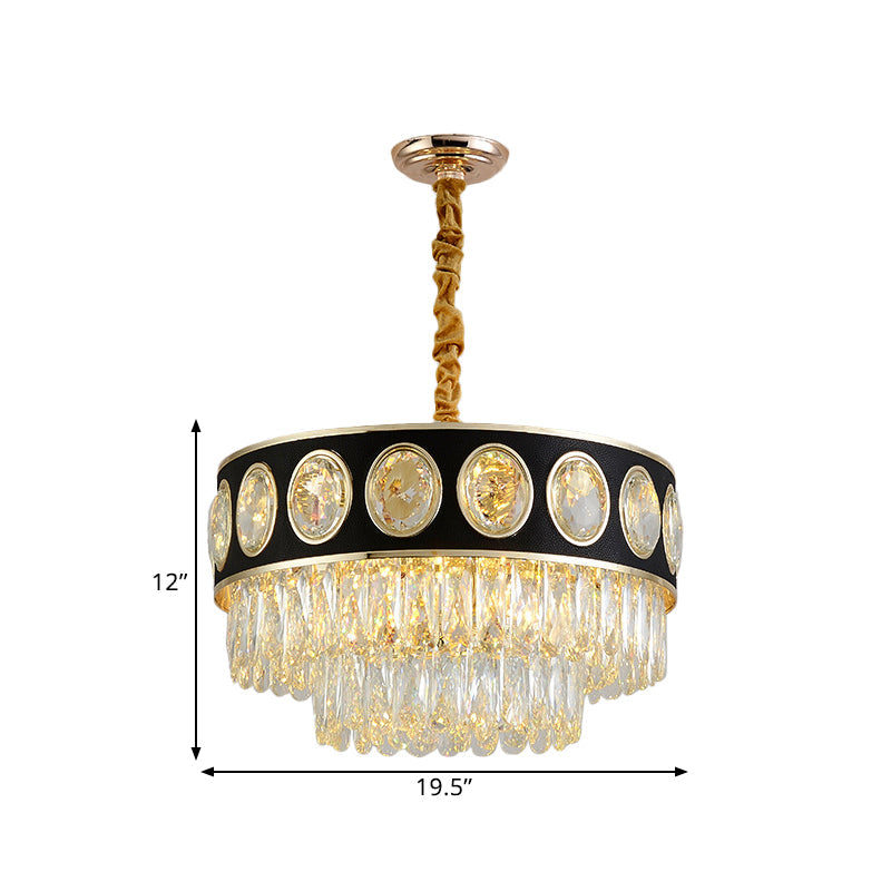 Modern Black Taper Hanging Light Kit With Clear Crystal Drops Chandelier 19.5/23.5 Width