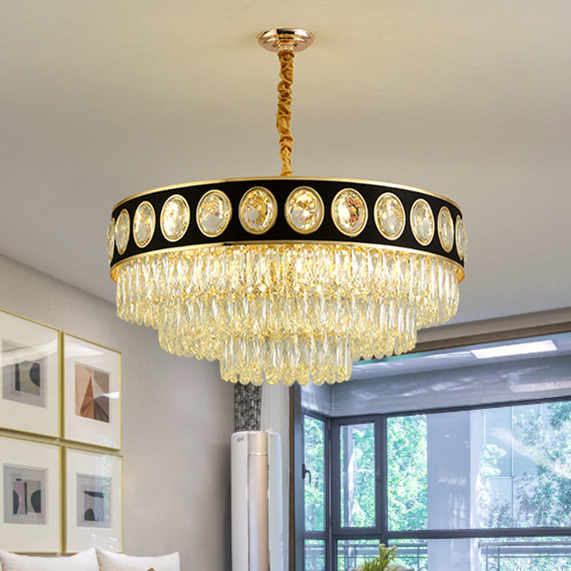 Modern Black Taper Hanging Light Kit With Clear Crystal Drops Chandelier 19.5/23.5 Width / 23.5