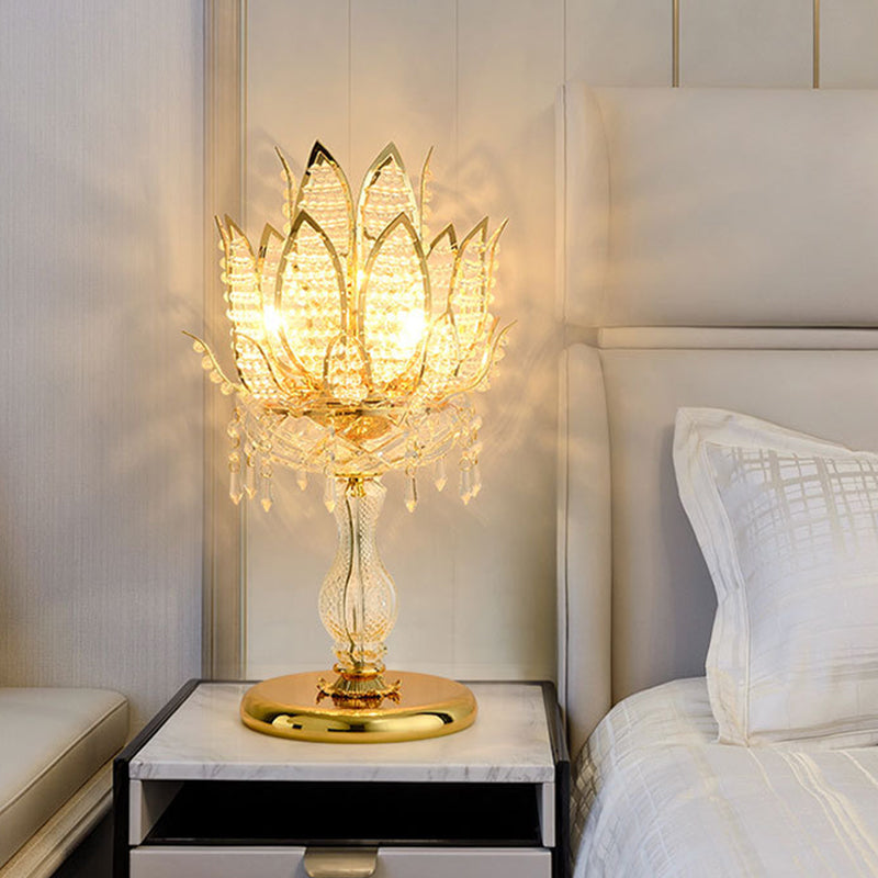 Mid-Century Lotus Crystal Table Lamp With Gold Base - Clear Bulb Light For Bedroom Nightstand