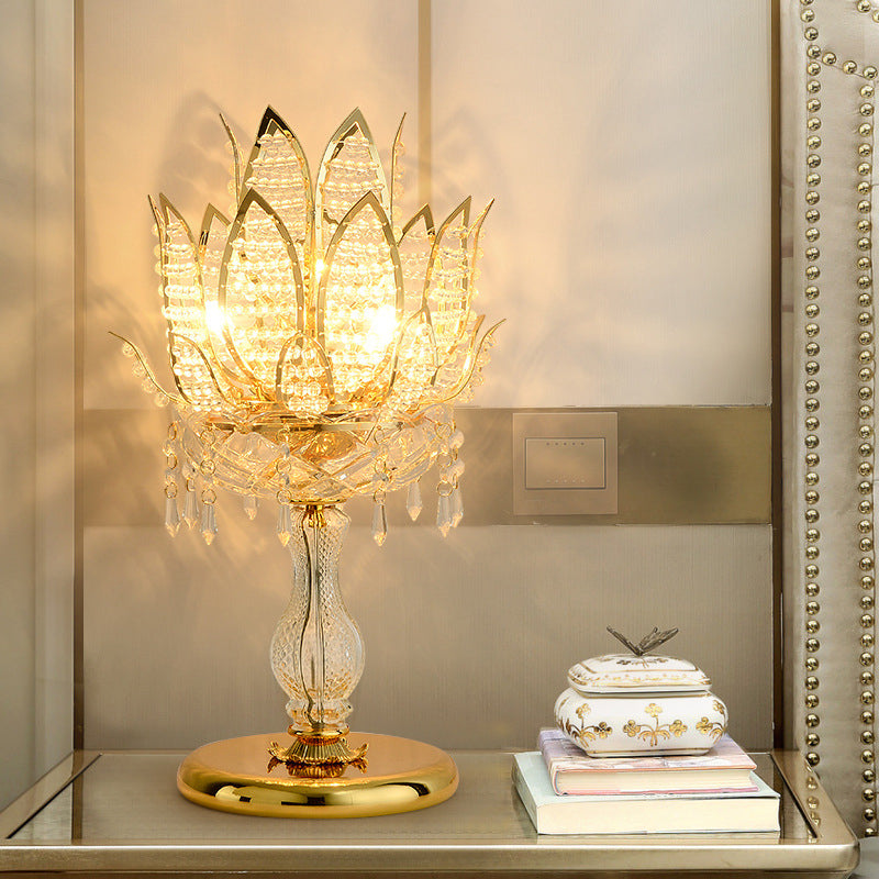 Mid-Century Lotus Crystal Table Lamp With Gold Base - Clear Bulb Light For Bedroom Nightstand