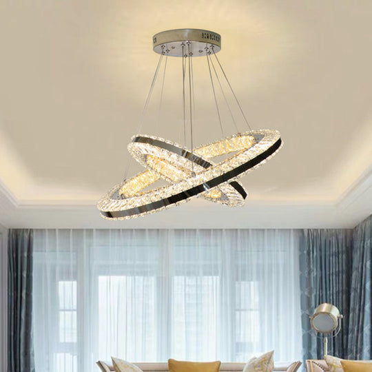 Modern Black LED Double Ring Parlor Hanging Lamp with Clear Crystals - Multi Pendant