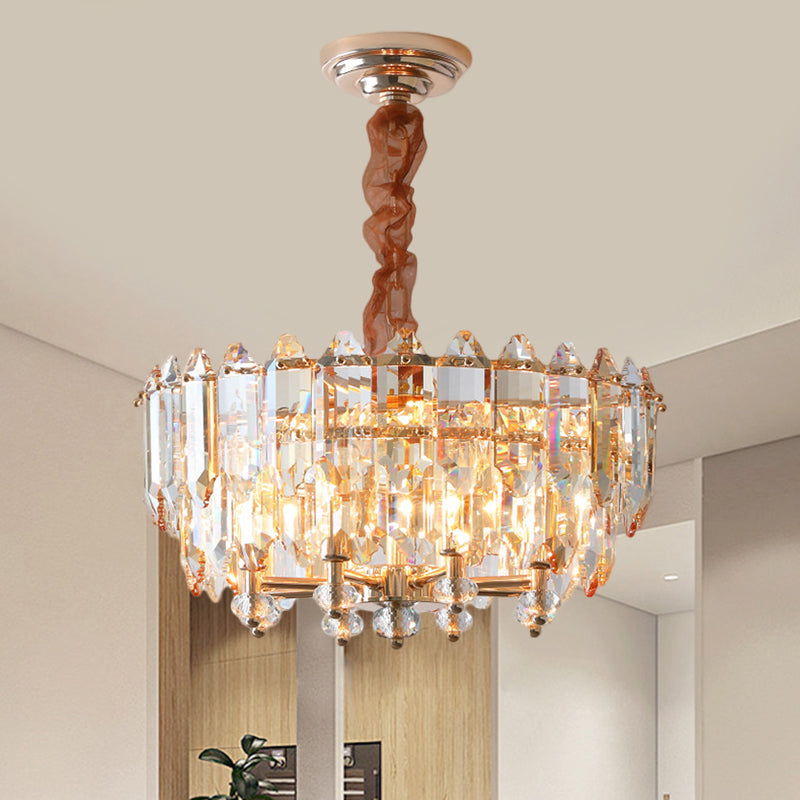 Modern Gold Metal Chandelier with Clear Beveled Crystal Blocks - 8 Bulbs, Suspension Pendant